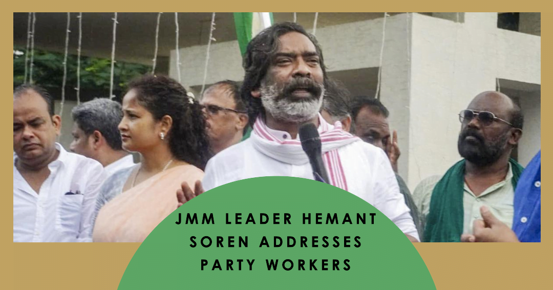 Former Jharkhand Chief Minister and JMM leader Hemant Soren addresses party workers, in Ranchi, on June 29, 2024